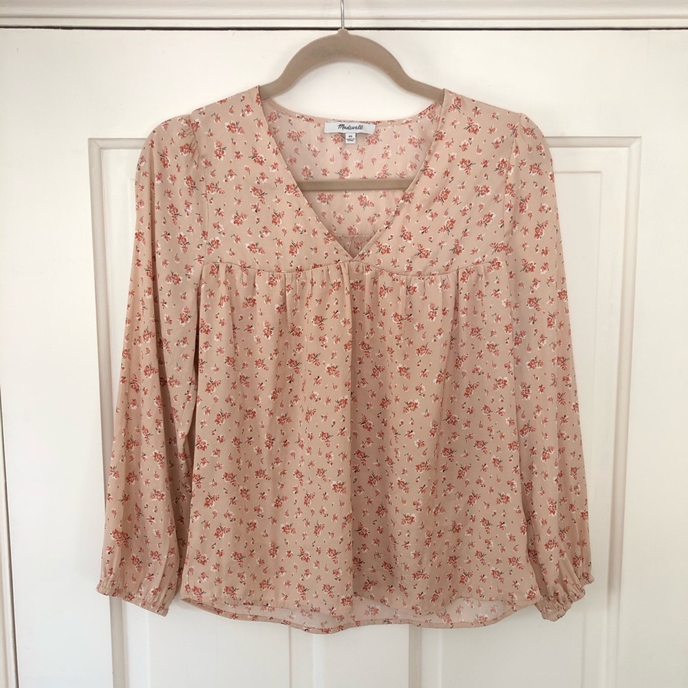 Madewell Puff Sleeve V-neck Floral Pink Blouse Size XS
